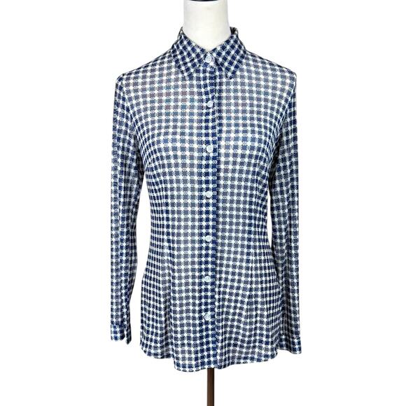 Cabi 736 Blue & Cream Geometric Print Sheer Mesh Long Sleeve Button Up Blouse - Picture 2 of 13